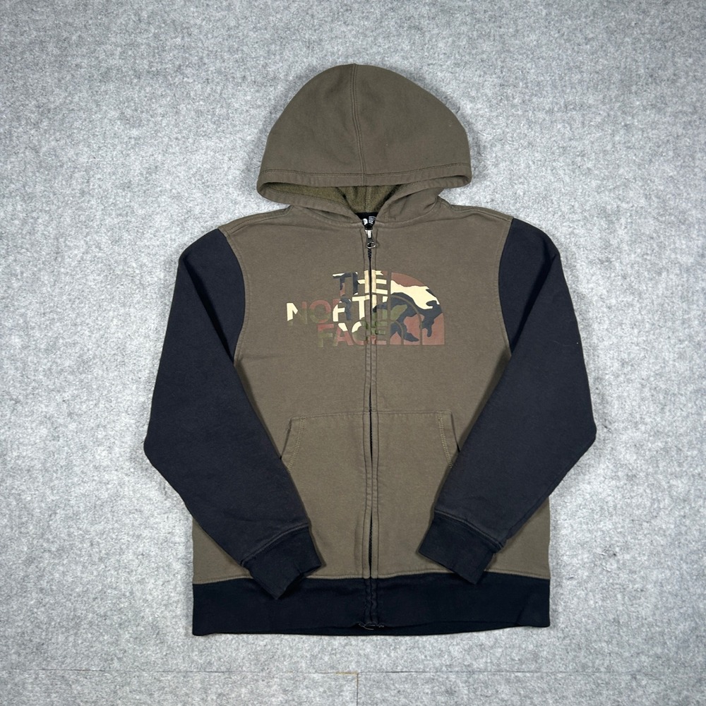 The North Face hoodie boys Medium 10/12 Brown Camo Logo‎ Full Zip Fleece Outdoor